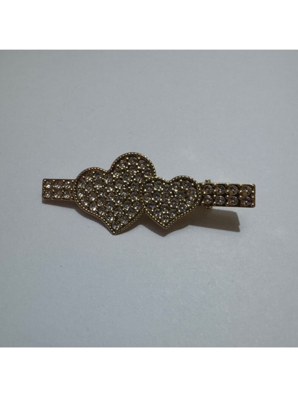 Gold-Tone Double Heart Hair Clip With Rhinestone Accents Stylish & Elegant New - Picture 4 of 5
